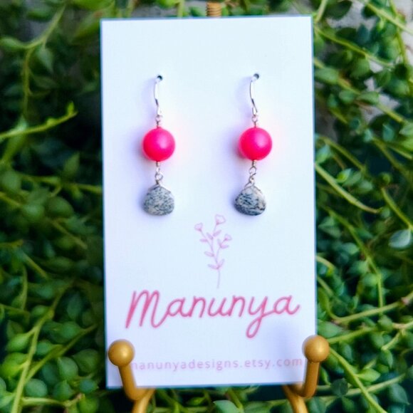 Swarovski Pearl and Zebra Jasper Dangle Earrings - Picture 1 of 8